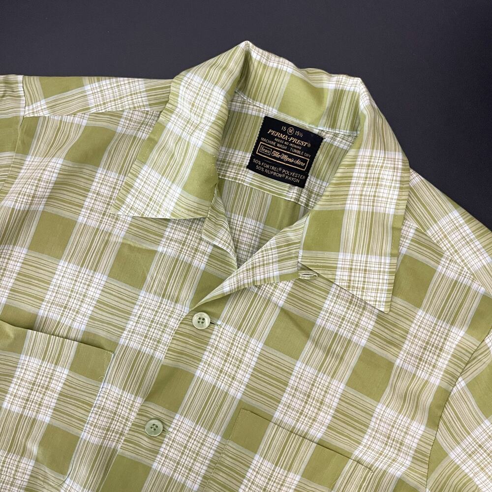 VTG Sears Perma Prest Shirt Mens Medium‎ Green Plaid Button Up Loop Collar 60s